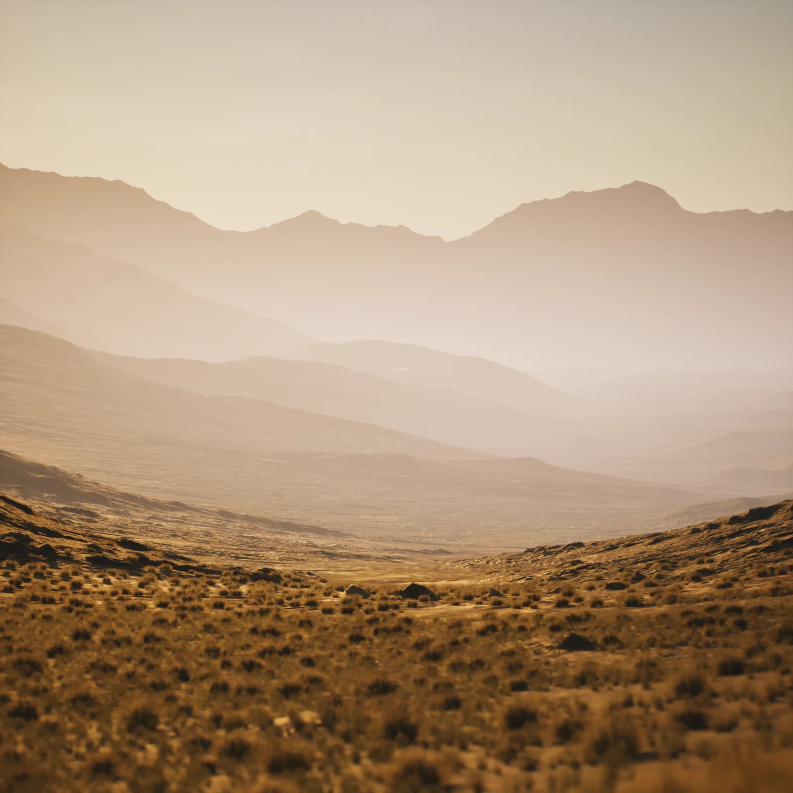 Valle andino en tonos dorados al atardecer, con montañas envueltas en neblina